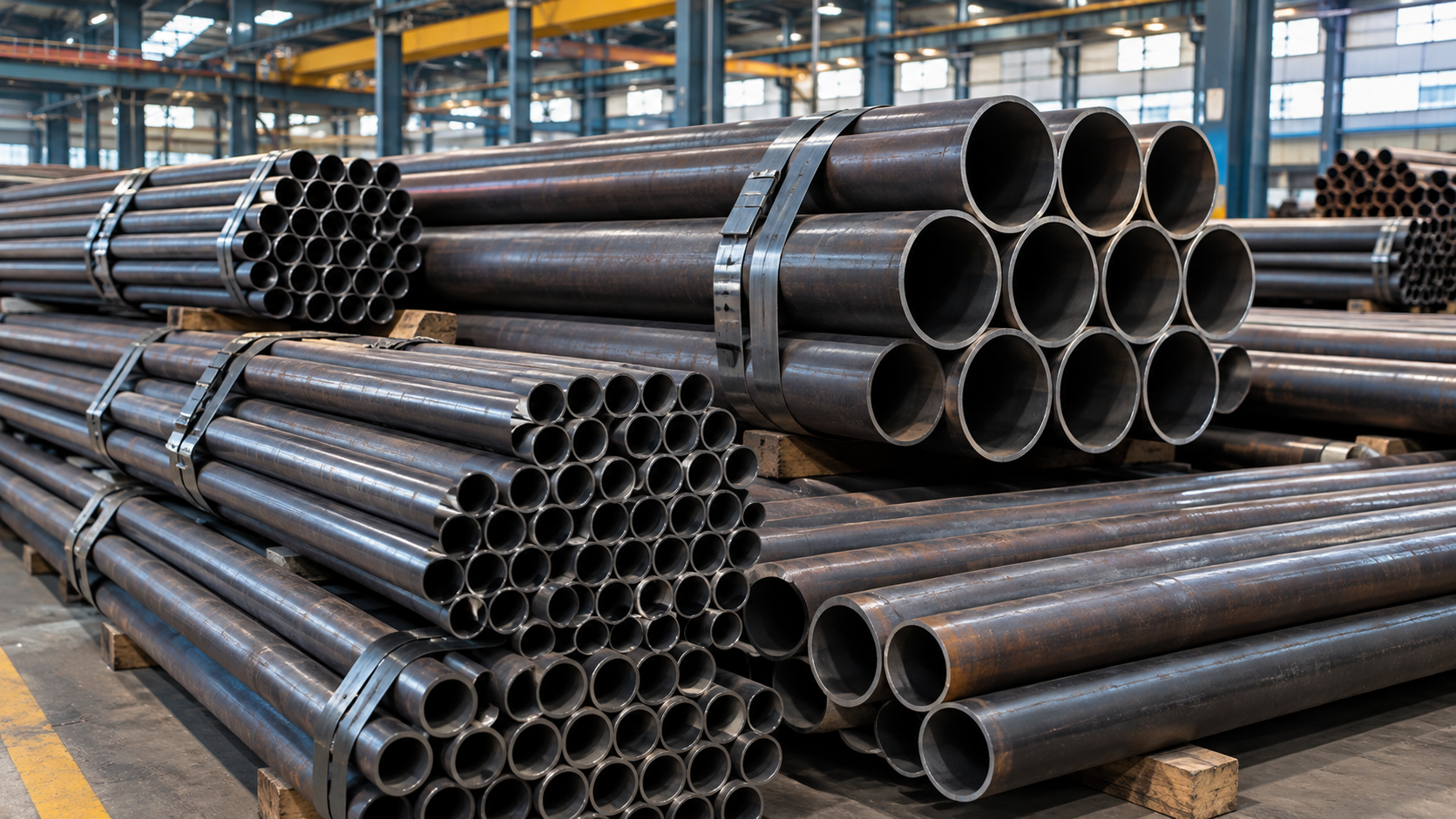 Bundled mild steel pipes in an industrial warehouse